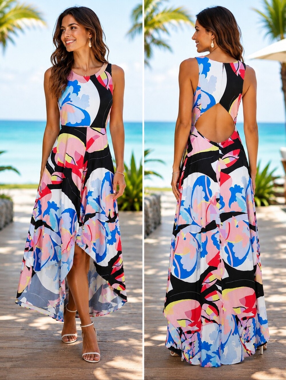 Nicole Miller Size 10 Multicolor Abstract Open Back High Low Maxi Dress